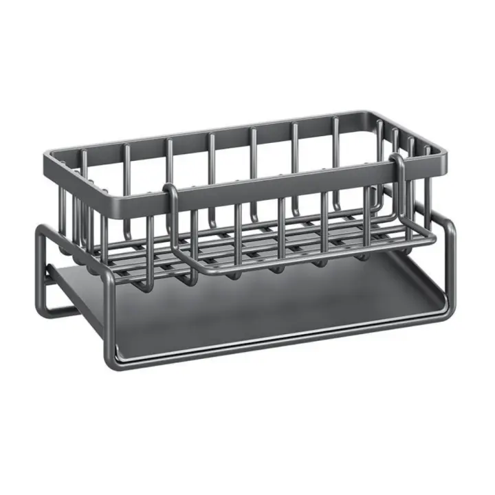 Estante de fregadero de cocina a prueba de óxido con bandeja de goteo de agua, soporte de esponja de Metal detrás del grifo, organizador de cepillos de limpieza negro y gris - 1