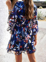 Vestido de primavera y verano para mujer, Media manga, estampado de flores, elegante cuello en V, informal, línea A, hasta la rodilla, cintura alta - details 18