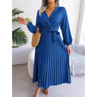 Vestido largo plisado con dobladillo grande para mujer, vestido cruzado de Color liso con cuello en V, moda de primavera y verano - details 20