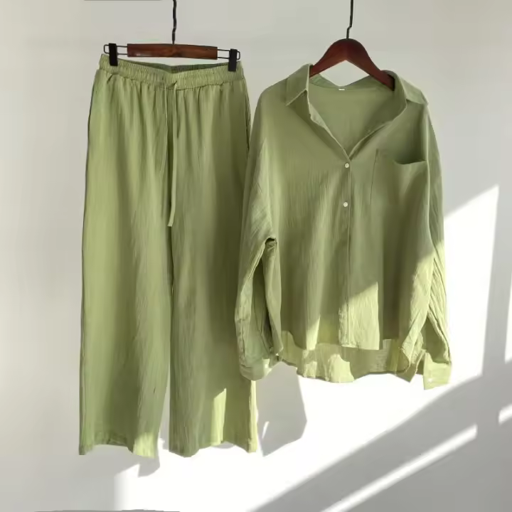 Conjunto de camisa Retro de dos piezas para mujer, pantalones sueltos de cintura alta, talla grande, 2024 - 1