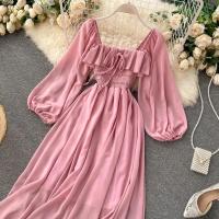 Nuevo modelo de vestido maxi elegante con cuello cuadrado para mujer, gasa lisa con mangas abullonadas, bata de fiesta en la playa, vestidos con volantes vintage - details 17