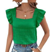 Camiseta plisada de talla grande para mujer, chaleco de manga voladora, blusa con cuello Barco, holgada, informal, Otoño, verano, 42, 44, 46 - details 6