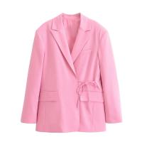 TRAFZA-Conjunto de 2 piezas rosa para mujer, chaqueta con solapa, manga larga, bolsillo, con cordones, Top + pantalones de pierna ancha con cremallera de cintura alta - details 4