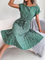 Spring Summer Women Short Sleeve Pleated Long Dress Elegant High Waist Floral Fashion A-line Dress - details 12