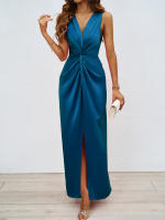 Vestido ajustado con abertura y cuello en V, elegante, sin mangas, retorcido, para mujer, verano 2025 - details 4