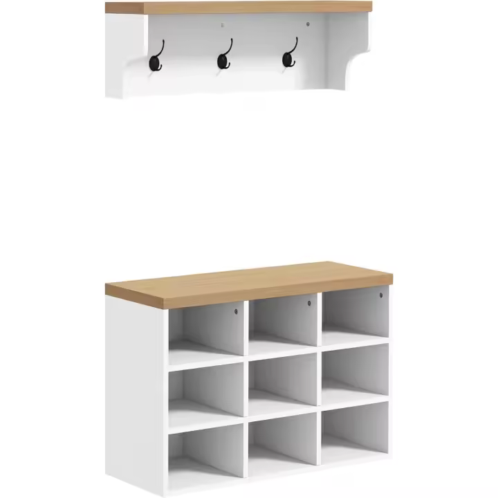 Recibidor con Perchero y Banco Zapatero 2 en 1 Muebles de Entrada con 3 Ganchos y Estantes para 9 Pares de Zapatos 75x30x50 cm y 75x20x22,5 cm Blanco - 1