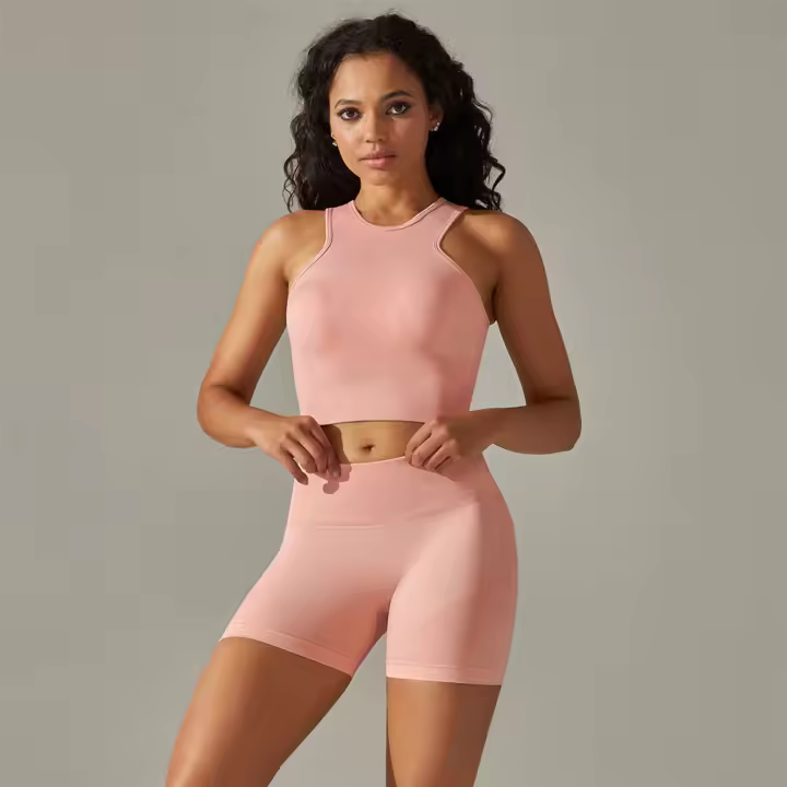Camiseta Deportiva sin Costuras Conjunto de Gimnasio para Mujer Leggings de Yoga de Cintura Alta Traje de Fitness Type de Patrón Sólido Material Exterior y Lining de Poliéster Temporada Primavera/Verano - 1