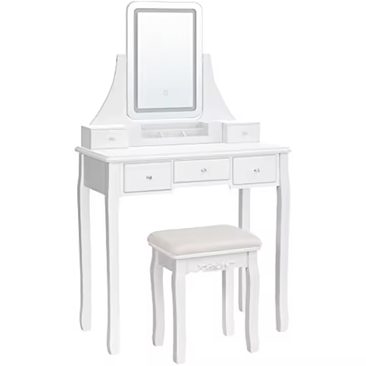 Mesa de Maquillaje con Luces LED de 3 Colores y Brillo Ajustable, Espejo Giratorio 360 ° , con Taburete Acolchado, 5 Cajones y 1 Organizador Extraíble, Blanco RDT25WL - 1