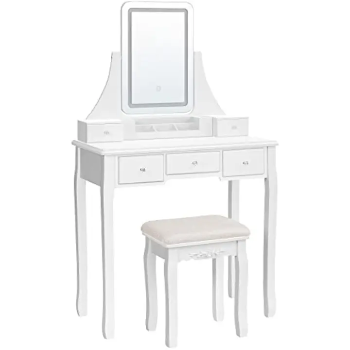 Mesa de Maquillaje con Luces LED de 3 Colores y Brillo Ajustable, Espejo Giratorio 360 ° , con Taburete Acolchado, 5 Cajones y 1 Organizador Extraíble, Blanco RDT25WL - 1