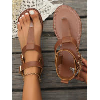 Estilo Verano Nuevo Tacón Bajo Punta para Mujeres Cómodas Sandalias Planas de Toma Alta con Hebilla de Cinturón. - details 0