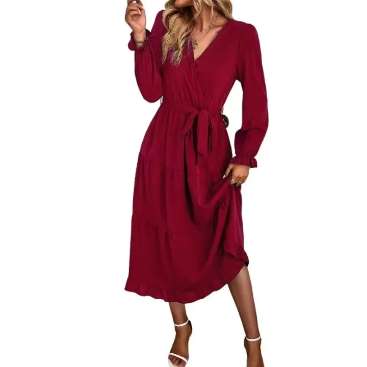 Vestidos largos informales para mujer, Vestido de manga larga con cuello en V y cintura alta, rojo burdeos S - 1