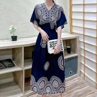 Casual bohemio estilo nacional con cuello en V cintura elástica gran Swing impreso verano Falda larga mujer vestido ropa - details 28