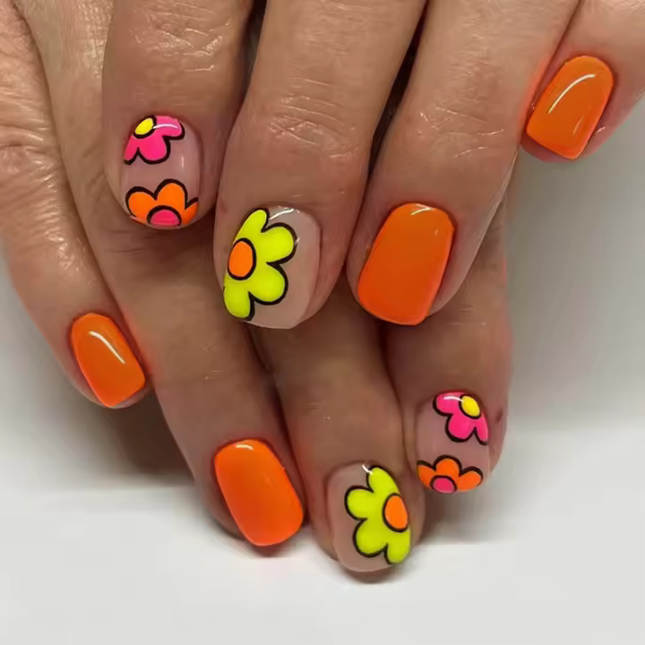 24 Piezas De Uñas Postizas Francesas Cortas Cuadradas Con Flores Simples + 1 Pegamento + 1 Lija Para Uñas - 1