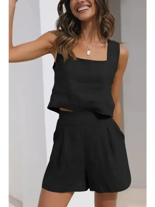 Conjunto Informal de Dos Piezas para Mujer Vestido de Vacaciones de Color Sólido sin Mangas con Bolsillos Pantalones Elegantes y Ancho de Pierna - 1