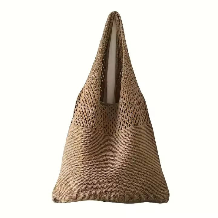 Bolso de punto bohemio para mujer con patrón calado – Bolso de hombro de nailon ligero para ocio y viajes a la playa, diseño coreano-japonés en caqui/marrón oscuro/negro, bolso de playa, accesorio de vacaciones, interior simple sin forro - 1