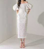BGTEEVER-vestido ceñido con manga abombada para mujer, prenda elegante con abertura en la cadera, cuello de barco, cintura ajustada, Verano - details 6
