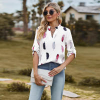 Camisa con estampado de plumas de tres cuartos y manga e para mujer, cuello en V, otoño, nueva - details 27