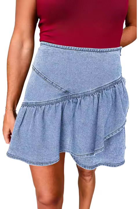 Elrachen Minifalda vaquera asimétrica con volantes superpuestos para mujer, Beau Blue, tallas S-XL - 1