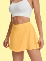 Falda de Yoga y Tenis de Cintura Alta para Mujer con Pantalones Cortos Incorporados, Dobladillo con Volantes y Bolsillos Laterales - Ropa Deportiva Elástica para Gimnasio, Entrenamiento y Uso Diario - Amarilla - details 3