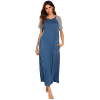 Camisón de algodón elástico de manga corta y largo con bloques de color y bolsillo para mujer, ropa de estar y pijama para primavera/verano - details 17
