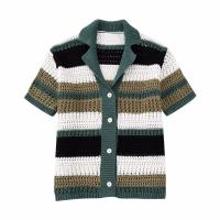 Moda Mujer primavera manga corta suelta cuello Polo tejido a rayas suéter cárdigan Chic Mujer abrigo de punto suave Mujer - details 0