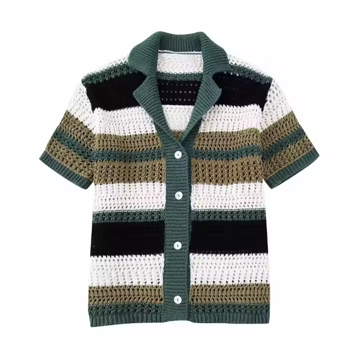 Moda Mujer primavera manga corta suelta cuello Polo tejido a rayas suéter cárdigan Chic Mujer abrigo de punto suave Mujer - 1