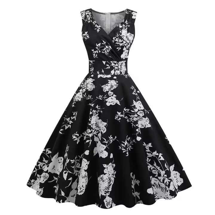 Vestido de los años 50 con estampado de punto y cuello en V para mujer - 1