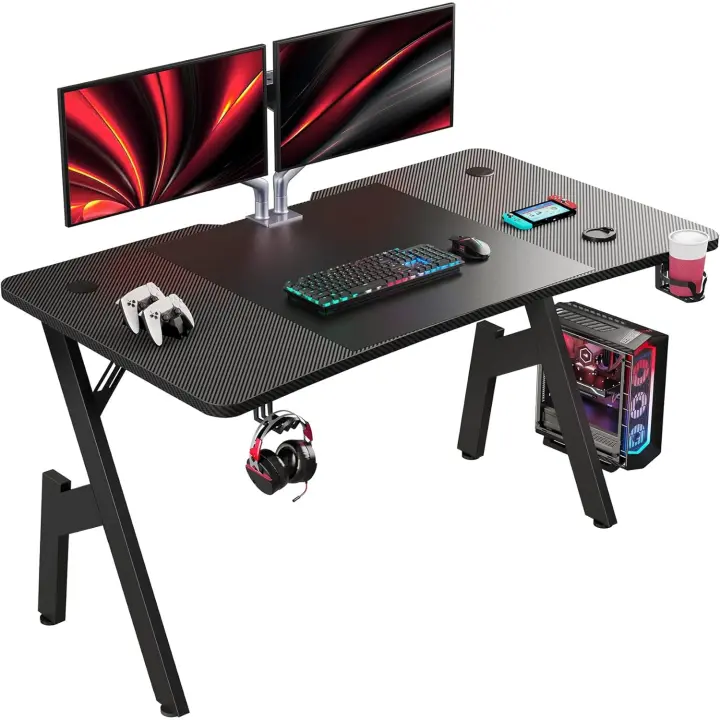 Mesa Gaming 120 x 60 cm, Escritorio Gaming Ergonómica, Mesa Gamer de Fibra de Carbono, Mesa para Ordenador con Portavasos y Gancho para Auriculares, Negro - 1