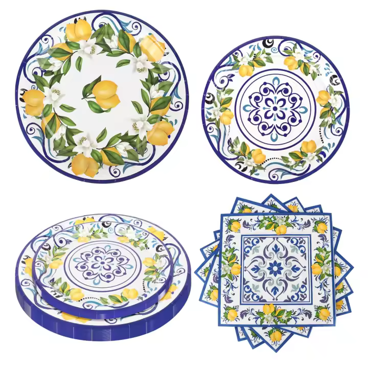 Juego de Platos de Fiesta de Cítrico Capri 108 PCS Platos Desechables Azules - 1