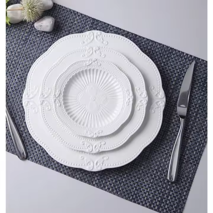 Juego de Platos de Carga de Porcelana Blanca Empresada 3pcs 6+8+10 pulgadas - 1