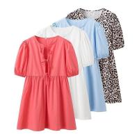 BUNO-vestidos minimalistas lisos empalmados con cordones para mujer, vestido con temperamento de cintura alta y manga corta con cuello redondo para mujer - details 1