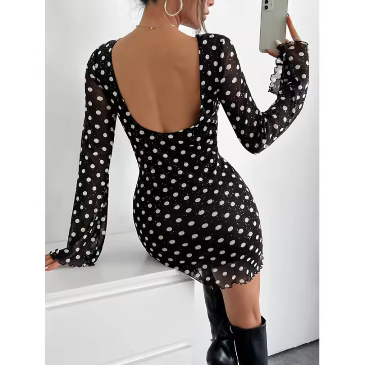 Nuevo vestido elegante de manga larga con espalda descubierta y cuello redondo con estampado de puntos de malla para mujer - 1