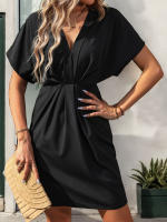 Vestido casual de mujer con cuello en V, manga corta, cintura alta, falda acampanada en negro - details 3
