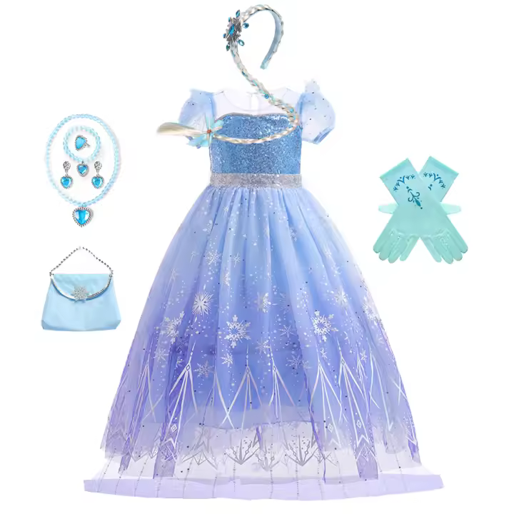 Vestido de princesa para niñas, disfraz de Elsa para Halloween, carnaval, fiesta de cumpleaños, tela azul - 1