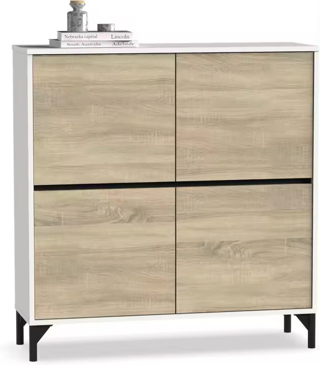 PITARCH |   Recibidor Zapatero Mueble Auxiliar para Entrada con Patas, 4 Puertas, Blanco y Roble Cambrian, 20 Pares de Zapatos, Tallas Grandes, 101x96,5x33cm, Moderno, Industrial, Modelo Kioto - 1