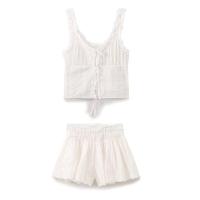 BUNO-Conjunto de verano bordado calado dulce conjunto de dos piezas para mujer con ribete de volantes corbata delantera sin mangas top de tiras y pantalones cortos conjunto combinado - details 2