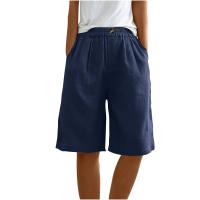 Pantalones Cortos de Lino y Algodón para Mujer Color Sólido, Cintura Suelta, Bolsillo, Botón, Moda Casual - details 33