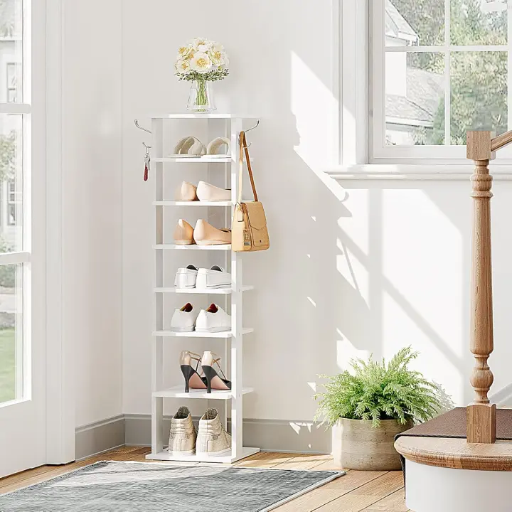 Zapatero, Estante Zapatero, Estantería para Zapatos, Mueble Zapatero de 8 Niveles, con 2 Ganchos, 50 x 28 x 113 cm, para Entrada, Dormitorio, Ahorra Espacio, Blanco - 1