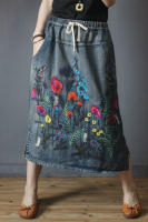 Falda de Mezclilla Bordada Suelta de Lujo Vintage Estilo Coreano para Mujeres Moda Casual de Calle con Floral Talla Grande Longitud Midi Material Exterior Denim - details 10