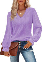 Camiseta con cuello en V para mujer Camisa superior de manga plisada informal hueca de otoño - details 11