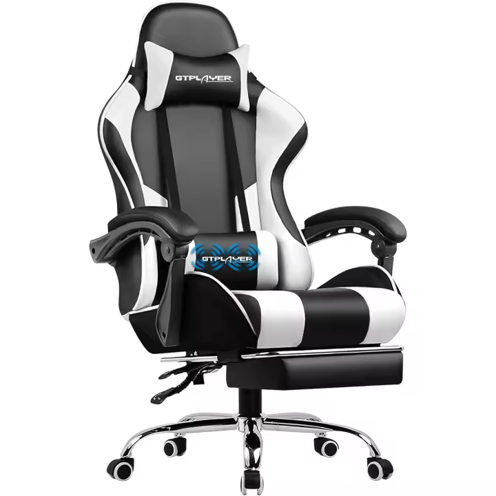 Silla Gaming con Masajeador Ergonómica Silla Gamer con Reposapiés Reposacabeza, Silla de Oficina Ergonómica, Soporte Lumbar, Silla Juego Ajustable en Altura, Blanco - 1