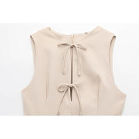 Elegante Vestido de Fiesta de Noche de Primavera BUNO Hembra Ancha Ondulada, Lazo, Color Sólido, Sin Mangas, Cuello Redondo - details 23