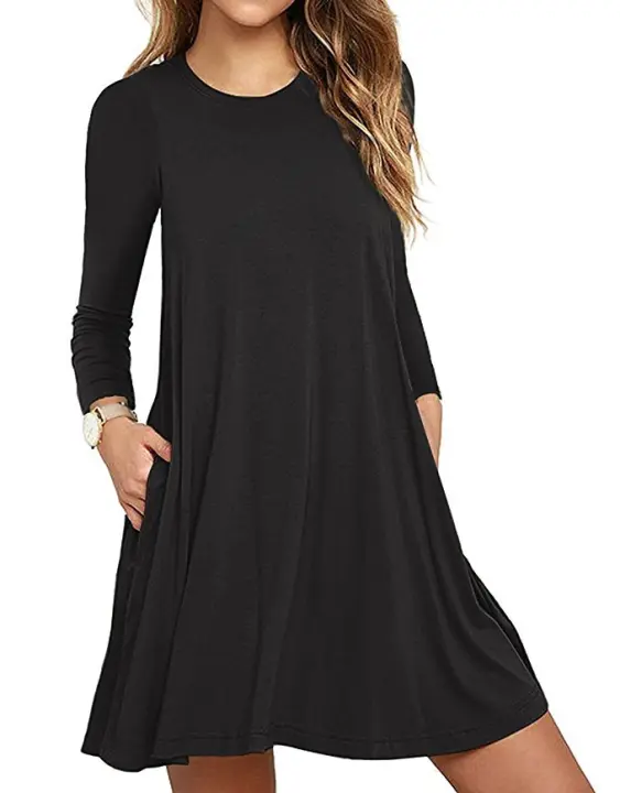 Vestido informal de mujer, elegante y moderno, de color liso, con cuello redondo y bolsillo grande - 1