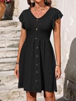 Nuevo vestido de manga corta elástico con cintura con botones y cuello en V para mujer - details 14