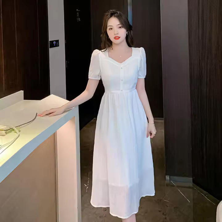 Vestido de Cintura Alta y Adelgazante Vestido de Verano con Cuello Cuadrado Dulce y Fresco para Mujeres - 1