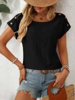Camiseta de manga corta con botones y cuello redondo para mujer, Top hueco, Color sólido, novedad de primavera y verano 2025 - details 19