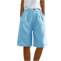 Pantalones Cortos de Lino y Algodón para Mujer Color Sólido, Cintura Suelta, Bolsillo, Botón, Moda Casual - details 60