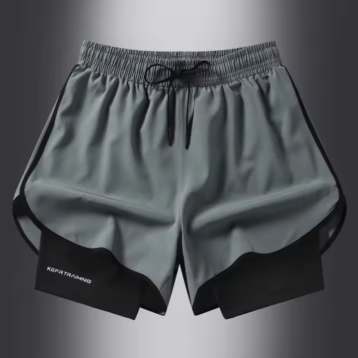 Falso dos piezas de pantalones cortos deportivos de verano, forro de fitness de entrenamiento para correr de tres puntos de secado rápido para hombres y mujeres American b - 1