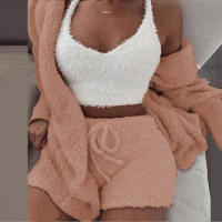 Suéter para mujer, artículos para el hogar, pijama informal de 3 piezas, chaleco de manga larga con ombligo, ribete de pantalones cortos, invierno - details 10
