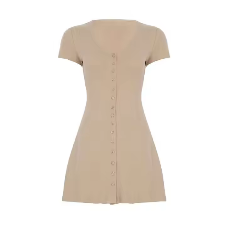 2025 Mini vestido de verano innovador de punto elegante con cuello en V y botones de manga corta ropa informal de alta elasticidad para mujer - 1